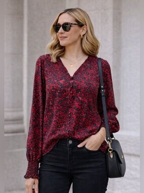 Sanctuary Boho Festival Harmony Smocked Cuffs V-Neck Long Sleeve Blouse M EUC